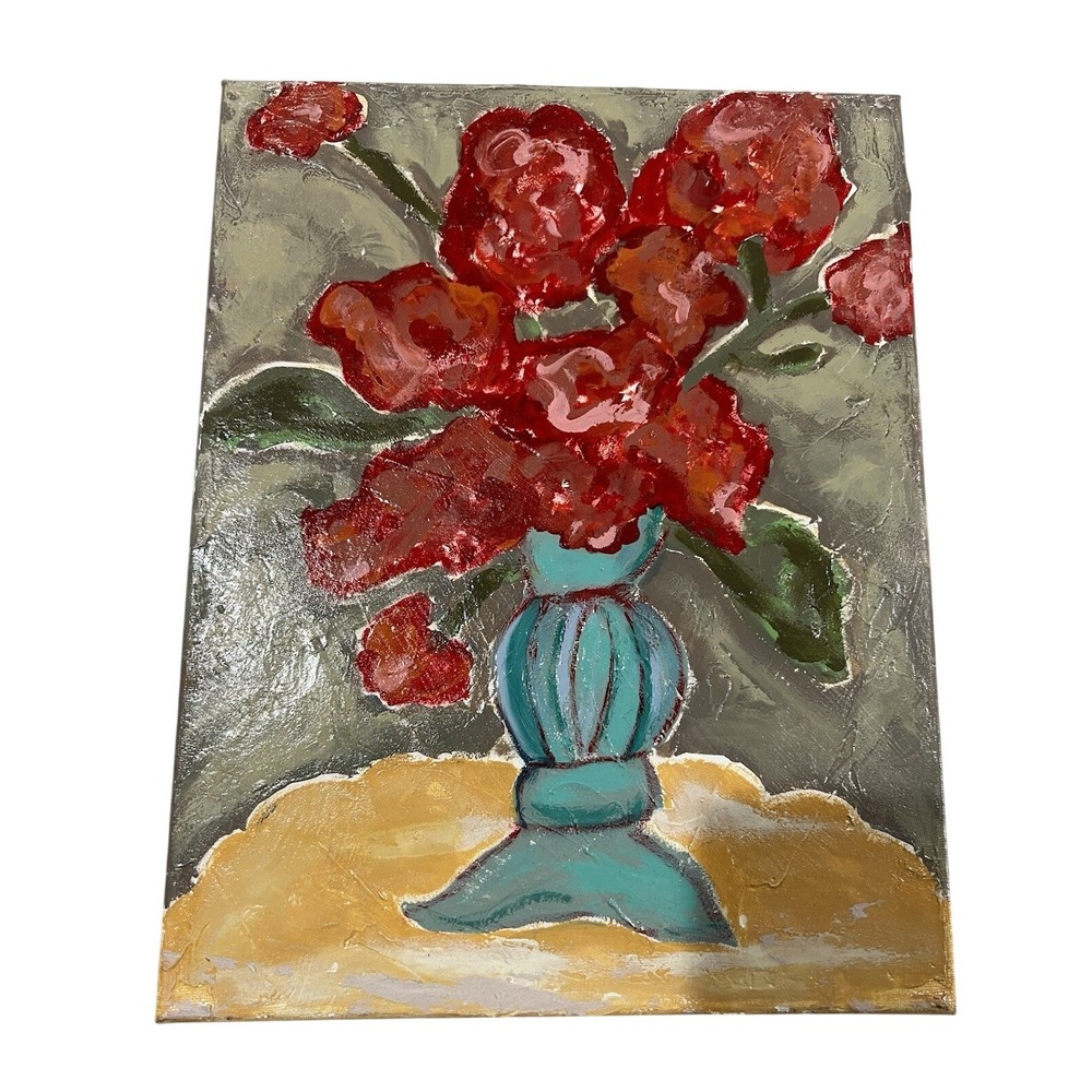Original Oil Acrylic Like Abstract Pop Art Still Life Floral And Vase